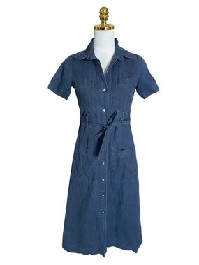 Vtg Donald Davies Irish Linen Button-Front Belted Pockets Denim Shirt Dress 10